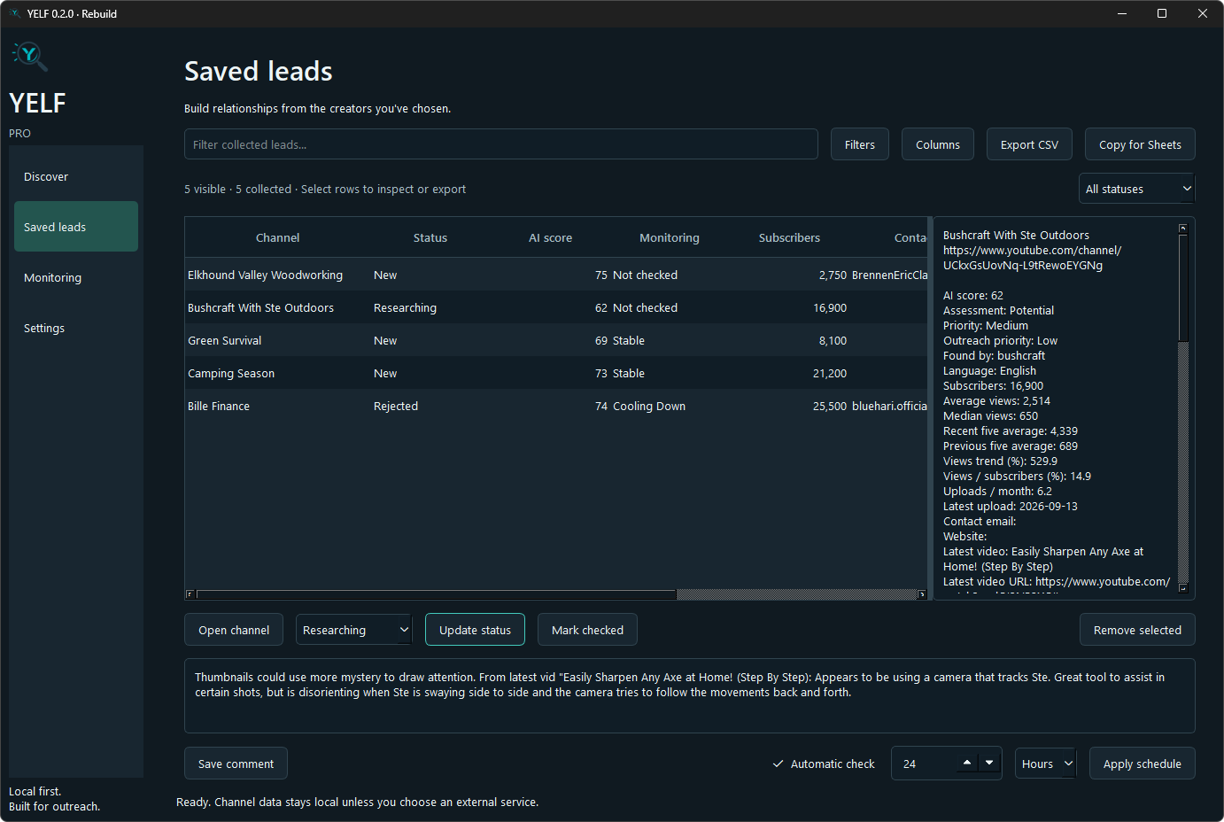 YELF saved leads screen showing organized prospect statuses