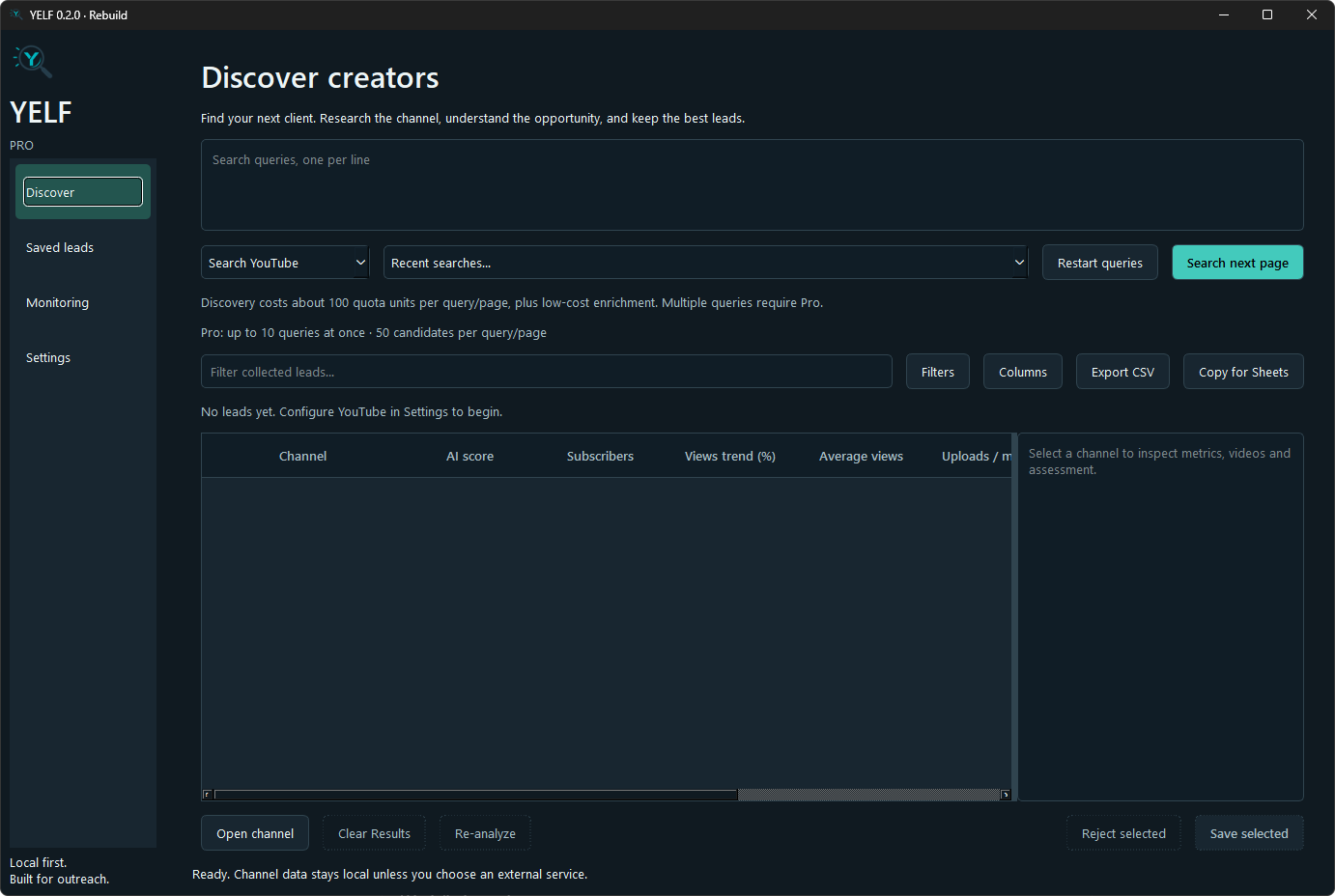 YELF search screen for configuring channel discovery criteria