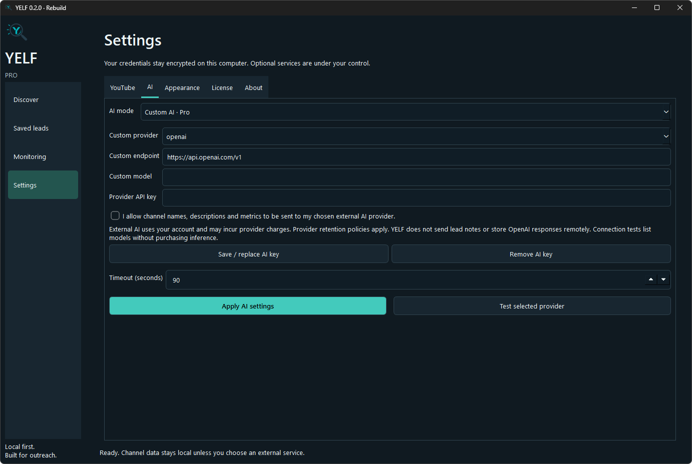 YELF settings screen showing AI mode configuration options